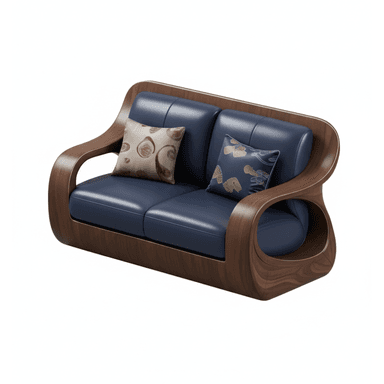 A modern two-seater sofa featuring a distinctive, continuous curved wooden frame that encompasses the back and armrests. The frame is made of dark wood with a visible grain. The seat and back cushions are upholstered in a smooth, navy blue material, likely leather or faux leather. Two decorative throw pillows, one with a light brown paisley-like pattern and the other with a dark blue and gold abstract pattern, are placed on the sofa. The design has an organic, contemporary aesthetic. — 3D model (AI enhanced source)