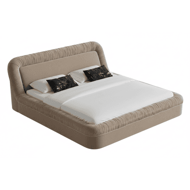 An upholstered platform bed featuring a distinctive shirred fabric detail on the headboard's perimeter and along the top edge of the side rails and footboard. The entire frame is covered in a neutral beige fabric, with a smooth central panel on the headboard contrasting with the textured shirring. The design is contemporary and low-profile. — 3D model (AI enhanced source)
