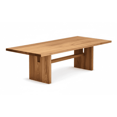 A minimalist rectangular coffee table crafted from solid wood, featuring a thick tabletop supported by two wide plank legs connected by a central stretcher bar. The wood displays a visible natural grain pattern. — 3D model (AI enhanced source)