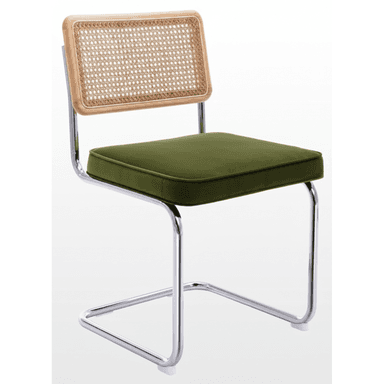 A modern cantilever dining chair featuring a polished chrome tubular frame, a rectangular backrest with a natural wood frame and woven cane panel, and an olive green upholstered seat cushion. — 3D model (AI enhanced source)