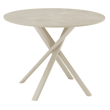 A modern round accent table featuring a light beige, faux-marble top and a unique criss-cross metal base of the same color. The base consists of four tapered legs that intersect in the center, providing a stable yet visually interesting support structure for the circular tabletop. The overall design is minimalist and contemporary. — 3D model (AI enhanced source)
