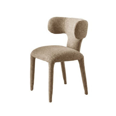 An armless chair fully upholstered in a textured beige or light brown fabric, featuring a distinctive rounded and sculptural backrest that appears to float above the seat. The four legs are also seamlessly upholstered and taper slightly towards the floor, maintaining a monolithic appearance. — 3D model (AI enhanced source)