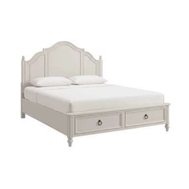 A light beige, traditional-style bed frame featuring a tall, arched panel headboard with decorative molding and finial accents. The footboard incorporates two functional storage drawers with ring pull hardware. The bed rests on turned feet. — 3D model (AI enhanced source)