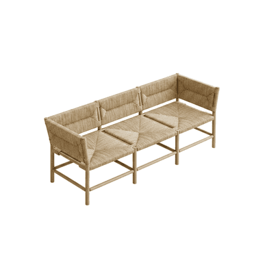 A long three-seater bench featuring a light wood frame and intricately woven natural fiber for both the seat and backrest sections. The design is minimalist and showcases detailed craftsmanship through its woven patterns. — 3D model (AI enhanced source)