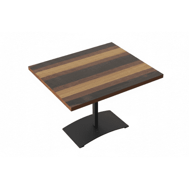 A square dining table with a top composed of alternating dark and light wood planks, supported by a single, centrally located pedestal base with a curved, flat bottom. — 3D model (AI enhanced source)