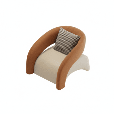 A modern armchair featuring a curved, U-shaped backrest and armrests upholstered in a textured brown fabric, resting on a sculptural, light cream base that forms the seat. A small checkered cushion is placed on the seat. — 3D model (AI enhanced source)
