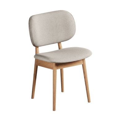 A modern dining chair featuring a light-toned wooden frame and light grey fabric upholstery on both the seat and the gently curved backrest. The chair has four round, tapered legs and an armless design, presenting a minimalist and contemporary aesthetic. — 3D model (AI enhanced source)