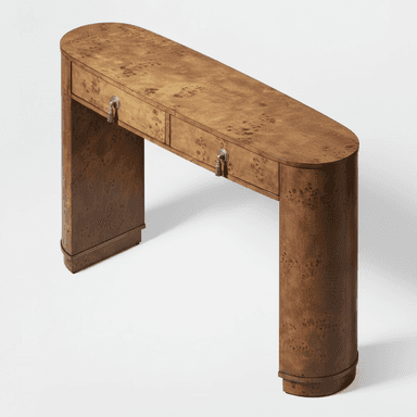 An elongated Art Deco or Streamline Moderne console table crafted from richly figured burl wood veneer. It features a rounded, oval-shaped top that seamlessly transitions into two curved, solid legs, creating a waterfall effect. The front apron includes two shallow drawers, each with a decorative metal pull and a tassel. — 3D model (AI enhanced source)