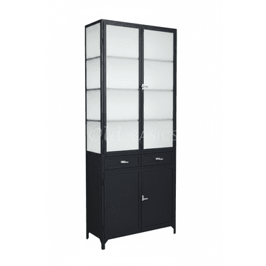 A tall, black industrial-style cabinet featuring an upper section with two frosted glass-paned doors and internal shelves, and a lower section with two small drawers and two solid, opaque doors. It is constructed from metal with a matte finish and stands on four short, angled feet. Silver-toned hardware is present on the doors and drawers. — 3D model (AI enhanced source)