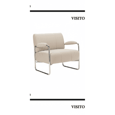 An upholstered armchair featuring a polished tubular metal frame that forms both the armrests and a continuous sled base. The chair is covered in a light beige or cream-colored fabric with subtle horizontal channel stitching on the seat, back, and armrests. The design appears modern and minimalist. — 3D model (AI enhanced source)