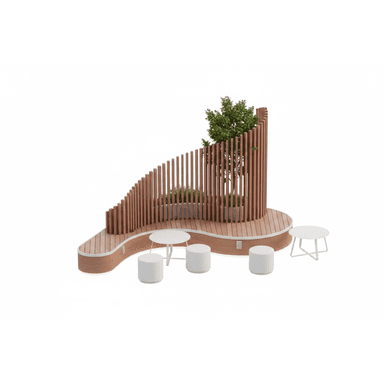 A modular outdoor seating and landscaping unit featuring a curved bench with integrated planters and a slatted wooden screen. The unit is accompanied by two small, circular white side tables and three cylindrical white stools. The bench base has integrated lighting. The overall design appears modern and suitable for public spaces or gardens. — 3D model (AI enhanced source)
