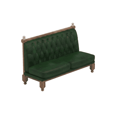 A two-seater upholstered bench featuring a dark green tufted back and seat cushions, set within an ornate carved wooden frame. — 3D model (AI enhanced source)