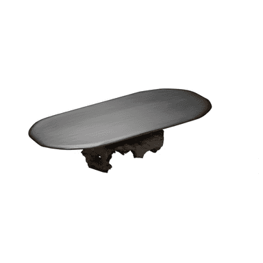A low coffee table featuring an elongated oval top made of dark, matte material, possibly stone, supported by a unique and irregular base crafted from a natural wood root or stump. The design combines a sleek modern top with an organic, sculptural base. — 3D model (AI enhanced source)
