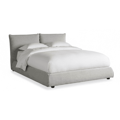 A modern upholstered platform bed featuring a light grey woven fabric. The bed includes an integrated, soft-edged headboard and a low-profile frame, supported by subtle recessed dark feet. It is shown with white bedding. — 3D model (AI enhanced source)