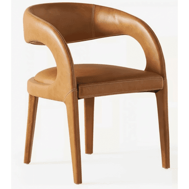 A contemporary armchair fully upholstered in cognac brown leather, featuring an integrated curved backrest and armrests. The chair has a minimalist profile with clean lines and visible white contrast stitching that outlines its form. It stands on four straight, tapered legs, also covered in leather. — 3D model (AI enhanced source)