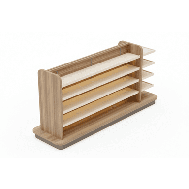 A modern, freestanding retail display shelving unit made of wood-look laminate with multiple adjustable shelves and a sturdy base. — 3D model (AI enhanced source)