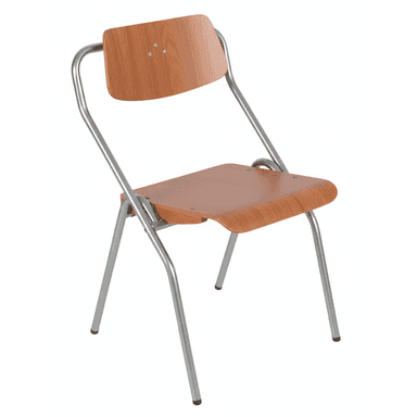 A side chair featuring a bent plywood seat and backrest, supported by a tubular metal frame. The design is simple, functional, and armless, with a natural wood grain finish and a silver-toned metal frame. — 3D model (AI enhanced source)