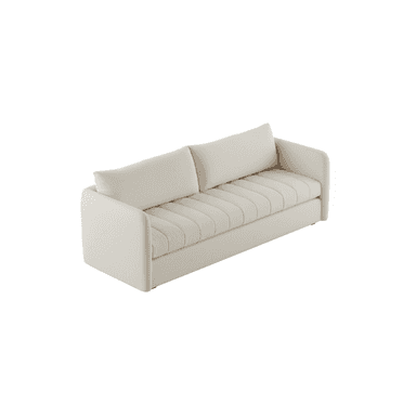 A modern three-seater sofa upholstered in a light-colored fabric. It features clean lines, wide track arms, and vertically channel-tufted seat cushions with two loose back cushions. — 3D model (AI enhanced source)