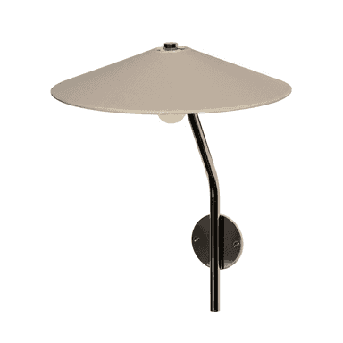 A contemporary wall sconce featuring a wide, conical fabric shade, a curved polished metal arm, and a circular wall-mounted plate, designed for directional or ambient lighting. — 3D model (AI enhanced source)