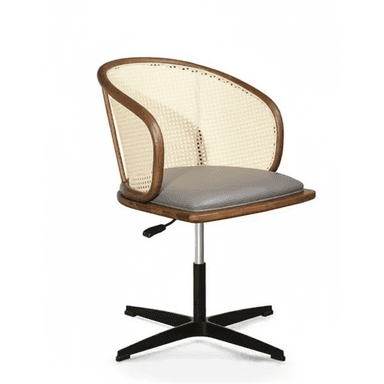A modern desk chair featuring a bentwood frame and a woven cane backrest. The seat is upholstered in gray faux leather, and it sits on a height-adjustable black metal swivel base with five legs but no casters. — 3D model (AI enhanced source)