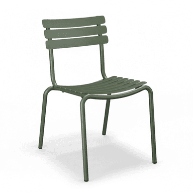 A modern, olive green metal chair with a slatted seat and backrest, featuring a tubular metal frame construction. — 3D model (AI enhanced source)