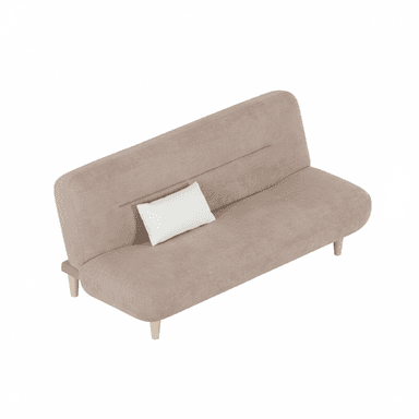 A compact, two-seater sofa bed upholstered in a light beige fabric, featuring clean lines and a modern aesthetic. It has a single, subtle horizontal tuft detail on the backrest. The sofa is supported by four light-colored, tapered wooden legs, indicating a minimalist or Scandinavian influence. A small white rectangular pillow rests on the seat. — 3D model (AI enhanced source)