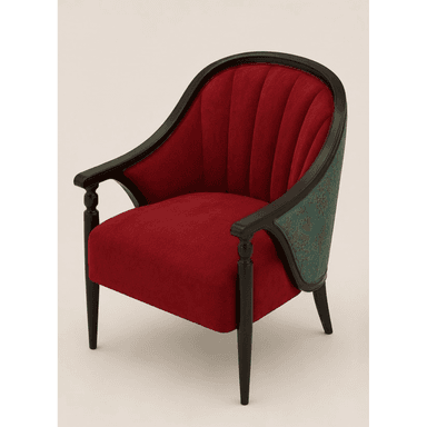 An elegant upholstered armchair featuring a rich red fabric on the seat and inner back, contrasted by a teal patterned fabric on the outer back. The inner back is vertically channel-tufted. It has an exposed dark-stained wooden frame that curves to form the backrest and armrests, supported by four tapered legs, with the front legs incorporating turned detailing. — 3D model (AI enhanced source)