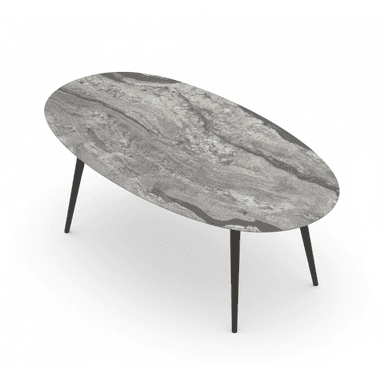 An oval-shaped coffee table featuring a grey marble-effect top with naturalistic veining, supported by four slender, tapered black metal legs. — 3D model (AI enhanced source)