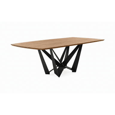 A modern rectangular dining table featuring a solid wood top and a sculptural black metal base. The base is composed of angular, intersecting elements, creating a visually striking and stable support structure. — 3D model (AI enhanced source)