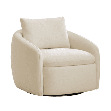 A cream-colored armchair with a rounded silhouette and a plush back cushion. The armchair appears to be upholstered in a textured fabric and sits on a dark-colored swivel base. — 3D model (AI enhanced source)