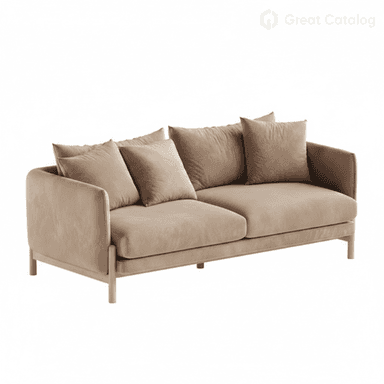 A contemporary two-seater sofa featuring soft beige velvet upholstery and an exposed light wood frame. It includes multiple loose back and throw cushions, and has rounded armrests. — 3D model (AI enhanced source)