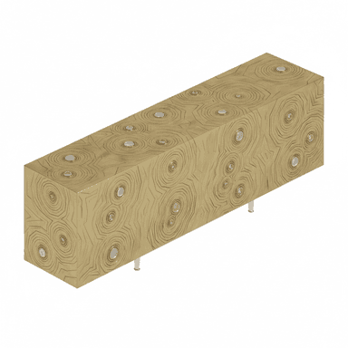 A long, rectangular, low-profile console cabinet or sideboard, finished in a brass-toned metal with intricate etched concentric circular patterns across its surfaces. Multiple small, clear, circular decorative inserts are embedded within the etched design. The unit stands on short, slender, silver-toned cylindrical legs. — 3D model (AI enhanced source)