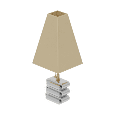 A modern table lamp featuring a stacked, polished chrome base composed of three distinct, curved, rectangular sections. The base supports a brass-finished neck and finial, from which a pull chain extends for operation. Crowning the lamp is a beige, tapered rectangular fabric shade, which complements the metallic base. The overall design suggests a contemporary aesthetic. — 3D model (AI enhanced source)