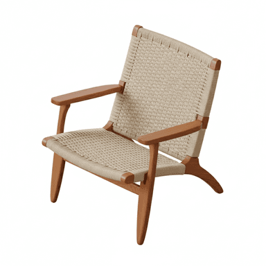 A modern lounge chair featuring a light-toned wooden frame with visible joinery and a woven cord seat and backrest in a neutral, light beige color. The design appears functional and minimalist. — 3D model (AI enhanced source)