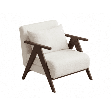 A modern lounge chair featuring a prominent dark wood frame and plush, off-white bouclé upholstery. The chair includes a loose back cushion for added comfort, and its design emphasizes clean lines and a relaxed aesthetic. — 3D model (AI enhanced source)