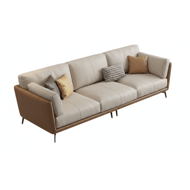 A modern three-seater sofa featuring a two-tone design with light beige/cream main upholstery on the seat and back cushions, contrasted by brown panels on the armrests and lower back. The sofa is supported by slender, dark-finished metal legs and includes several accent throw pillows in varying colors and patterns. — 3D model (AI enhanced source)