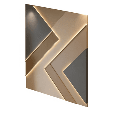 A modern decorative wall panel featuring a dynamic geometric design with integrated LED lighting. The panel is composed of various angular segments in different shades of beige, light brown, and dark gray, some of which are recessed and others slightly protruding. The integrated lighting runs along the edges of certain segments, creating a glowing effect that highlights the panel's three-dimensional structure and design. One segment also displays a ribbed or fluted texture. The overall aesthetic is sleek and contemporary. — 3D model (AI enhanced source)