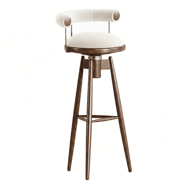 An elegant bar stool featuring a circular upholstered seat and a curved backrest, supported by a dark stained wooden frame with tapered legs. The backrest is accented with brass-colored metal supports, and the stool includes a swivel mechanism for the seat. — 3D model (AI enhanced source)