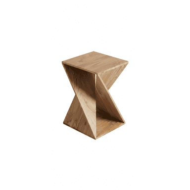 A modern, geometric side table with a unique twisted design. The table features a square top and a base that appears to twist or spiral downwards, creating open shelving areas. The construction is seamless, suggesting a solid wood build or expertly joined veneers. — 3D model (AI enhanced source)
