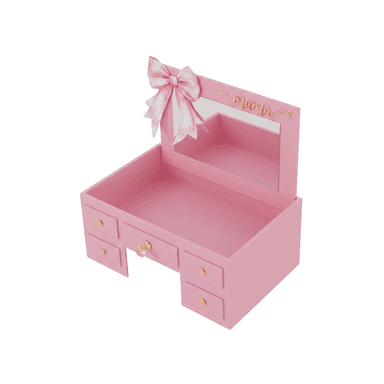 A miniature pink vanity unit designed for tabletop use, featuring a mirrored back panel with the word 'mama' inscribed, and decorative elements such as a bow and a crystal drawer pull. It has multiple small drawers for storage. — 3D model (AI enhanced source)