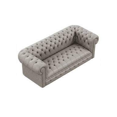 A classic Chesterfield sofa upholstered in a light grey leather-look material, featuring deep button tufting across the backrest, rolled arms, and the front apron. It has a continuous single seat cushion. — 3D model (AI enhanced source)