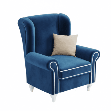 A classic wingback armchair upholstered in a rich, deep blue velvet fabric, featuring distinct white contrast piping along its edges, arms, and backrest. The chair has a high back with prominent wings, rolled arms, and stands on four short, subtly carved white legs, with the front legs exhibiting a gentle cabriole-like curve. A light beige throw pillow rests on the seat. — 3D model (AI enhanced source)