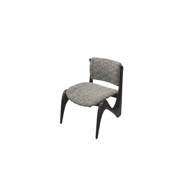 An armless dining chair featuring a distinctive dark, possibly ebonized wood frame with sculptural, curved legs and a gently curved backrest. The seat and backrest are upholstered in a light grey, textured fabric. — 3D model (AI enhanced source)