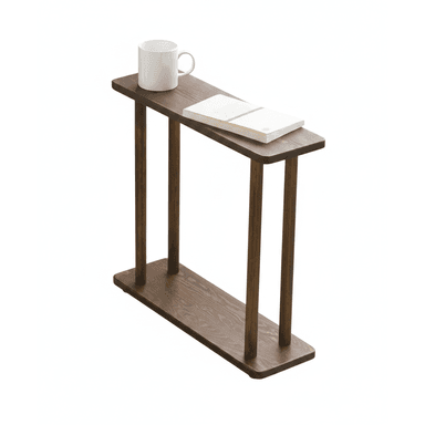 A minimalist console table crafted from dark-stained wood, featuring a narrow rectangular top, a matching base, and four slender cylindrical legs connecting the two planes. — 3D model (AI enhanced source)