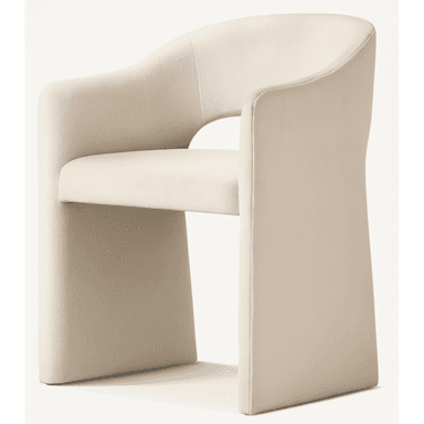 A contemporary upholstered armchair featuring a curved barrel-style back and integrated armrests that flow seamlessly into the fully upholstered base. The chair is covered in a light, textured cream fabric, presenting a monolithic and inviting form. — 3D model (AI enhanced source)