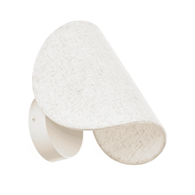 A contemporary wall sconce featuring a curved, off-white fabric shade attached to a round, cream-colored metal wall mount. The shade has a textured, linen-like appearance and is designed to diffuse light upwards and downwards. — 3D model (AI enhanced source)