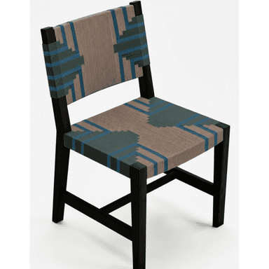 A contemporary armless chair featuring a dark-stained solid wood frame and an intricately woven cord seat and backrest. The weaving displays a geometric pattern using beige, teal, and blue tones. — 3D model (AI enhanced source)