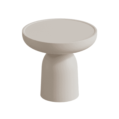 A light gray or off-white modern cylindrical pedestal accent table featuring a round, slightly dished top and a sturdy, monolithic base. — 3D model (AI enhanced source)