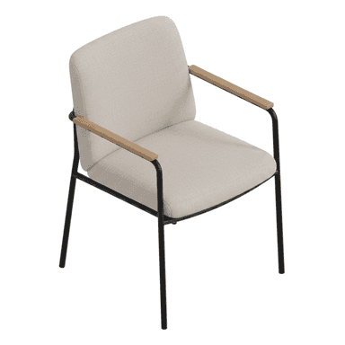 A modern armchair featuring a light-colored upholstered seat and backrest, supported by a slender black metal frame. The armrests are accented with natural light wood caps. The chair has a minimalist and contemporary design. — 3D model (AI enhanced source)