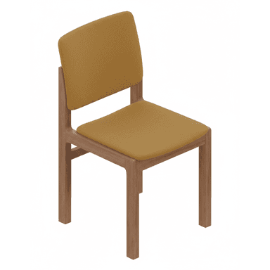 A modern dining chair featuring a minimalist design with a solid wood frame and upholstered seat and backrest. The frame has straight, angular legs and an integrated support structure for the seat and back. The upholstery is a mustard yellow fabric, complementing the warm tones of the natural wood. — 3D model (AI enhanced source)